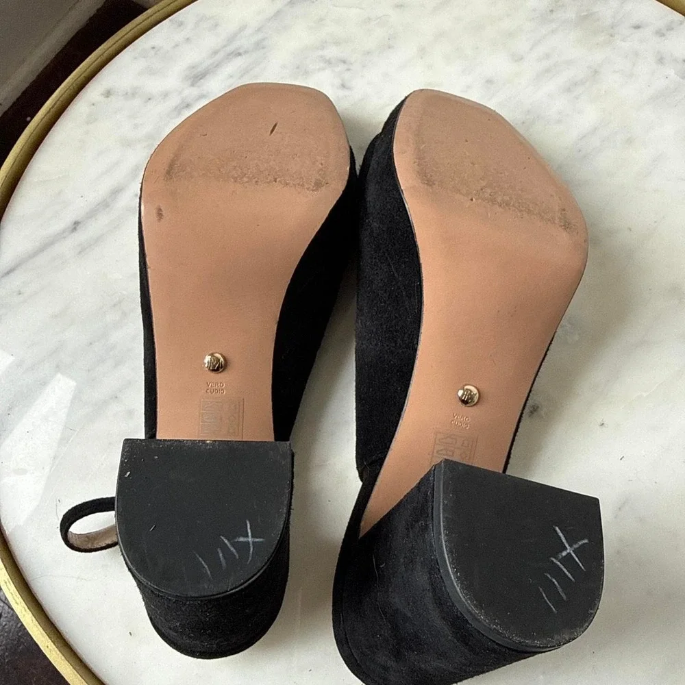 Pelle Moda Black Suede Peep Toe Slingback Block Heels Platform Formal Womens 7M